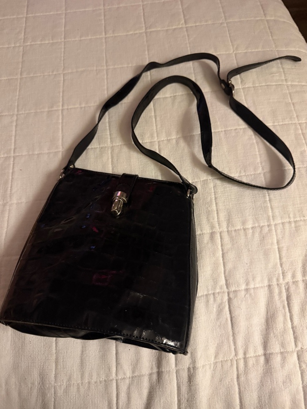 Patent Black Croc-Embossed Crossbody Bag with Silver Turn-Lock